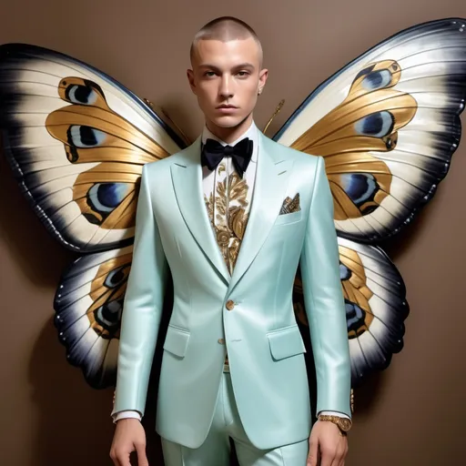 Prompt: Fitted zuhair Murad silk suit featuring white gold black iris van herpen butterfly wings in center of back as a Sandro Botticelli  
Full body portrait painting with  Cartier on 1970's 1920's palm Beach Hollywood swedish French male model with buzz cut hair