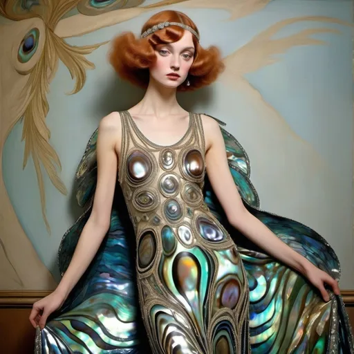 Prompt: Gorgeous radiant ritzy 1920's abalone elaborate gown on a French model with styled hair as a psychedelic elegant 1970's Sandro Botticelli painting