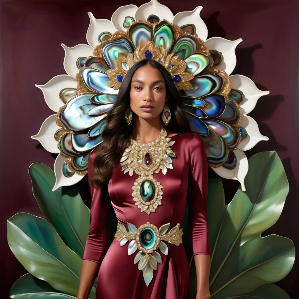 Prompt: Large 3d elaborate orchid abalone belt on a sleek plain red burgundy Ralph Lauren fitted silk gown featuring white black gold navy purple orange Monaco Indian model  as a Sandro Botticelli  
Full body portrait painting with a large jeweled lotus leaf green abalone headdress