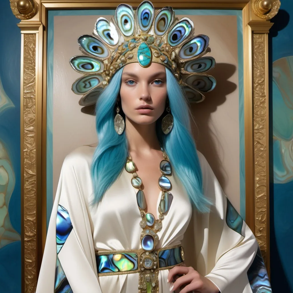 Prompt: Monaco Bulgarian swedish female model with blue hair and lavish cartier with whimsical gorgeous extravagant aestheticism,  featuring blue abalone and Mother of pearl and chartreuse  turquoise emilio pucci Valentino fitted silk kimono gown as a Sandro Botticelli portrait painting with Polynesian Cartier white  abalone headdress with light opal