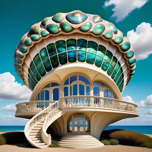 Prompt: a very large shell house with a walkway leading to it and a sky background with clouds and blue sky above, David LaChapelle, art deco, fantastically gaudy, an art deco sculpture as a Sandro Botticelli painting featuring abalone and pearls and emeralds