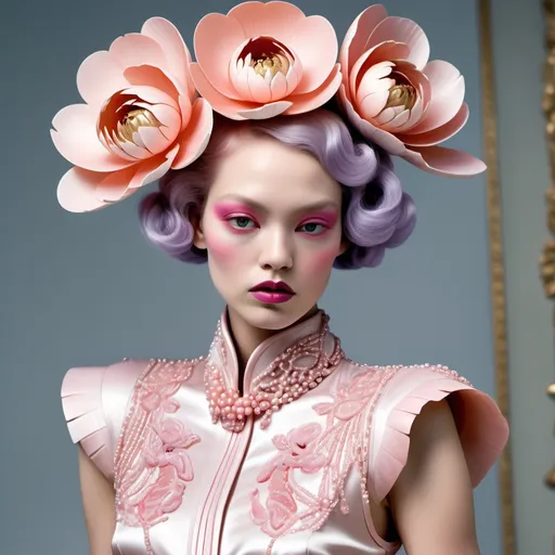 Prompt: Chanel Cartier Armani Gatsby extravagant luxury 1990's 1920's 1940's pink lotus pink peony pink camellia pink dragon chinoiserie white abalone mother of pearl elaborate beaded 1920's Chanel japanese iris van herpen fitted attire silk white platinum gold penthouse model featuring peach violet lavender and coral hair as a Sandro Botticelli Portrait painting in Georgia o Keefe transcendent psychedelic style