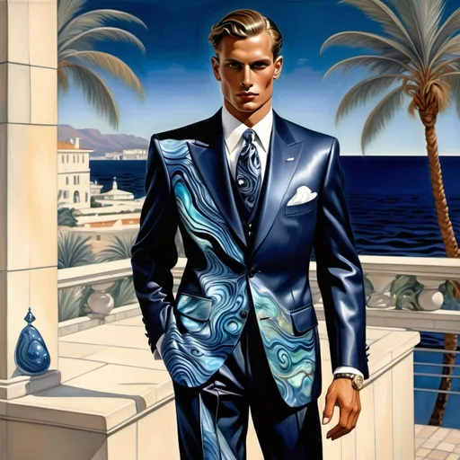 Prompt: Monaco palm beach swedish masculine suit outfit on 1929's 1990's Armani Chanel Hollywood ornate luxury Bulgarian Catalan female and male model painting with luminous pearl abalone navy chrome opal Jasper psychedelic blue black metallic indigo navy silver grey platinum watercolor silk hues