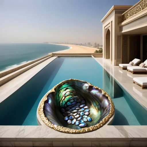 Prompt: Egyptian Dubai royal Mediterranean Balinese outdoor pool with abalone covered in platinum abalone and abalone silk and as a Sandro Botticelli painting with ocean views