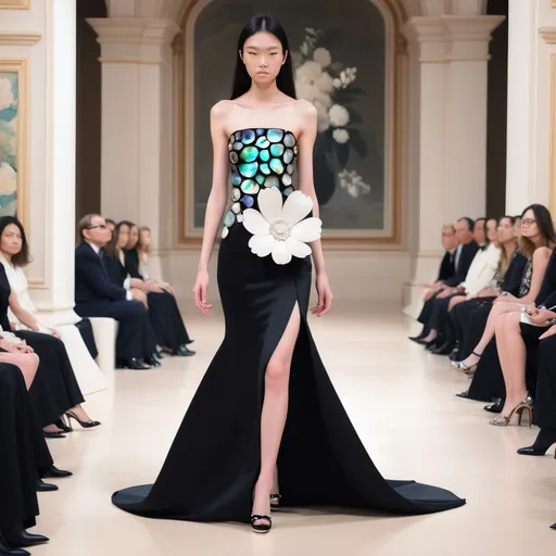 Prompt: Monaco female model with a white flower, whimsical gorgeous Chen Lu, aestheticism, flowers, portrait featuring abalone and Mother of pearl and black Valentino fitted gown full length body photo on runway with floral heels