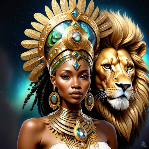 Prompt: Gorgeous Swahili goddess from south Africa with an ornate regal jeweled gold lion abalone headdress and a lion behind her, , Chinwe Chukwuogo-Roy, afrofuturism, highly detailed digital painting, a photorealistic painting