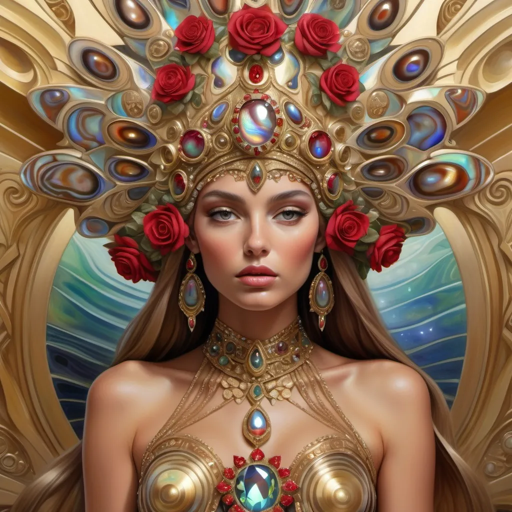 Prompt: Gorgeous tan Bulgarian goddess with an ornate regal jeweled gold red abalone headdress ,  futurism, highly detailed digital painting, a photorealistic painting with Bulgaria Swarovski roses on a Valentino French silk gown in red abalone