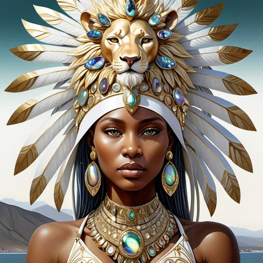 Prompt: Gorgeous white Bulgarian goddess from south Africa with an ornate regal jeweled gold abalone headdress and a lion behind her, , Chinwe Chukwuogo-Roy, futurism, highly detailed digital painting, a photorealistic painting