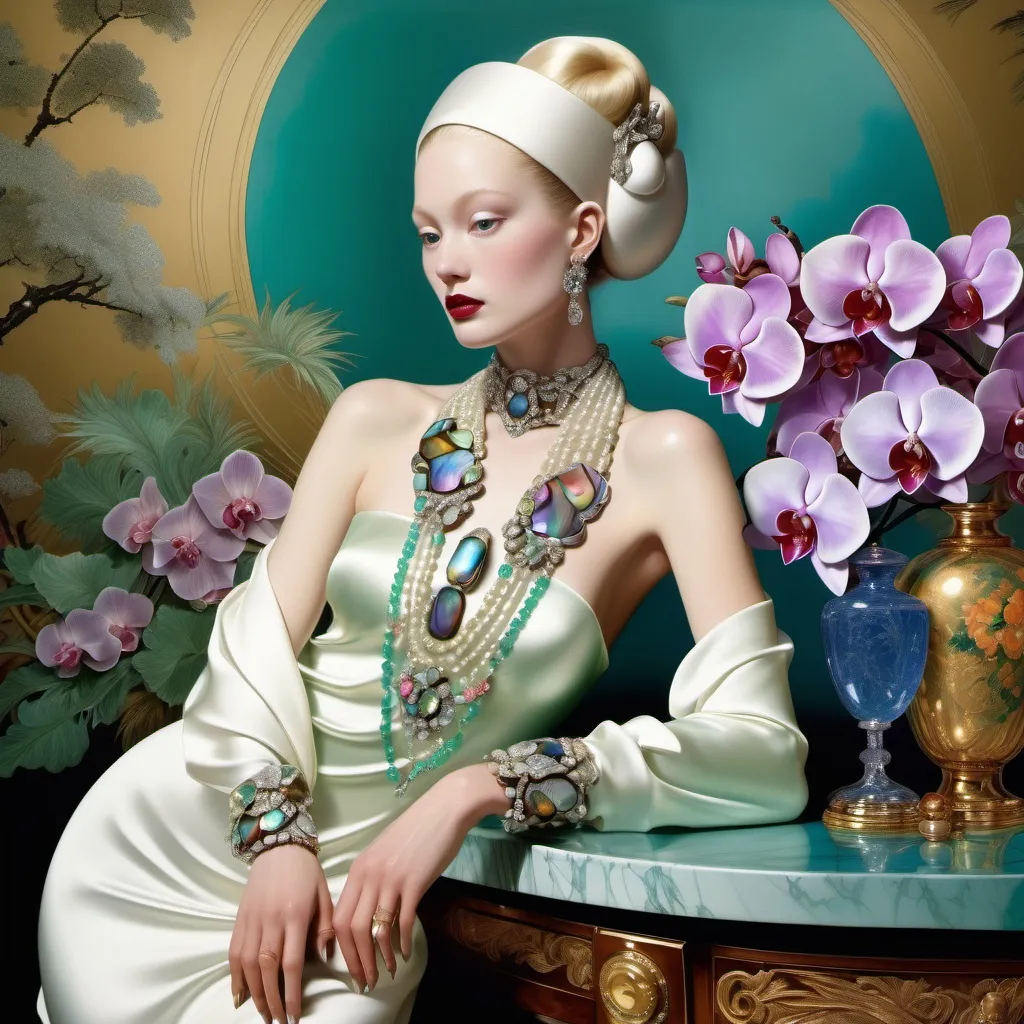 Prompt: Cartier Gatsby extravagant luxury 1990's 1920's  chinoiserie white shiny luminous abalone mother of pearl elaborate silk white platinum gold penthouse model in bar room with micro orchids with yellow coral green abalone and featuring pink violet jade chartreuse pearl diamond blue black and floral calligraphy art as a Sandro Botticelli painting in transcendent psychedelic style