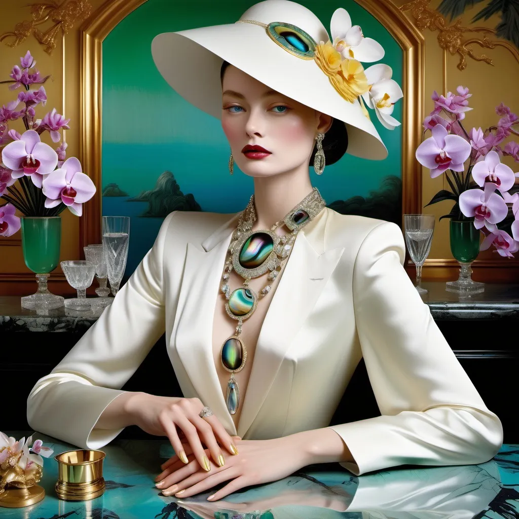 Prompt: Cartier Gatsby extravagant luxury 1990's 1920's  chinoiserie white shiny luminous abalone mother of pearl elaborate silk white platinum gold penthouse martini model in bar room with micro orchids with yellow coral green abalone and featuring pink violet jade chartreuse pearl diamond blue black and floral calligraphy art as a Sandro Botticelli painting in transcendent psychedelic style