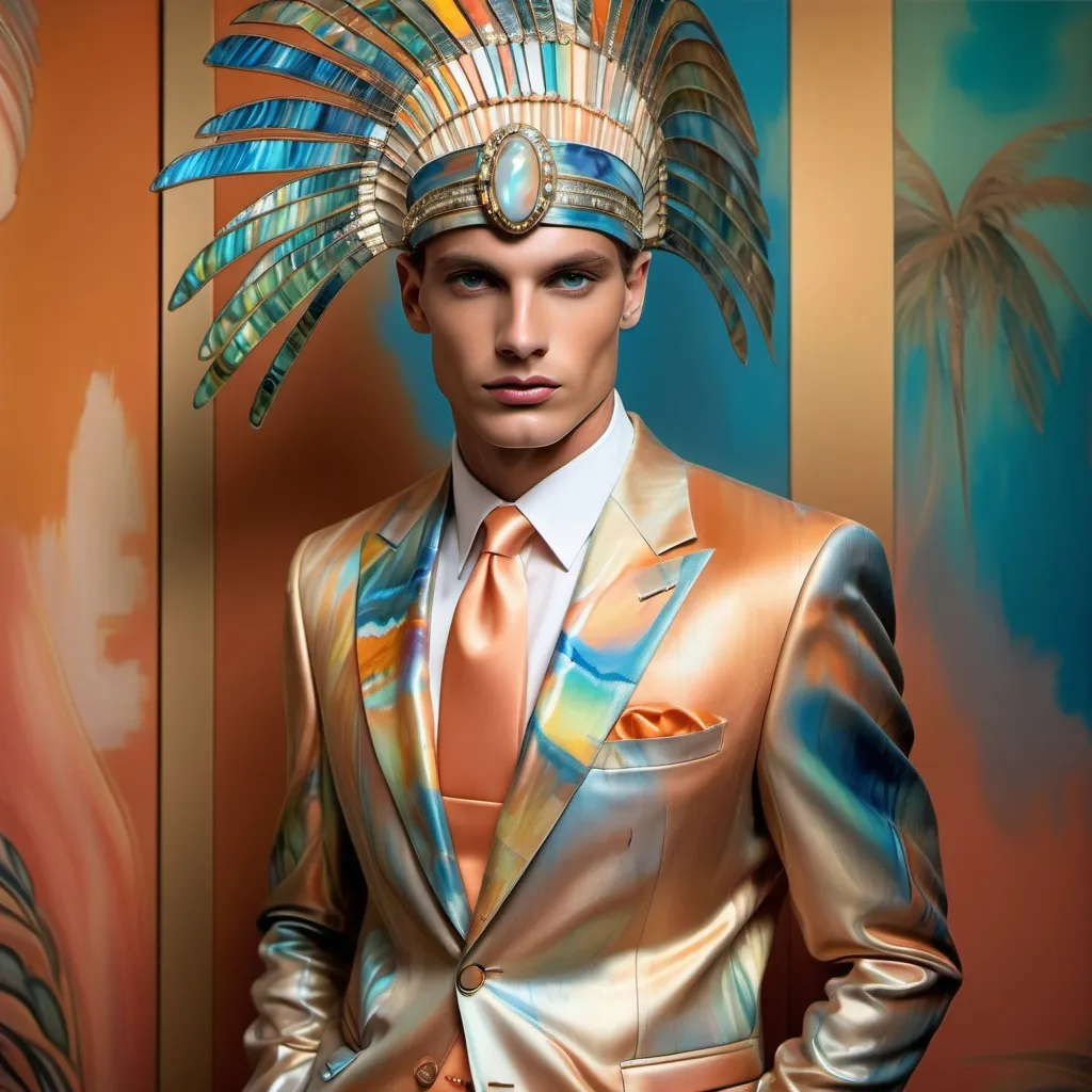 Prompt: Monaco palm beach Egyptian swedish masculine suit outfit on 1929's 1990's Armani Chanel Hollywood ornate luxury Egyptian Catalan male model painting with luminous pearl abalone peach gold apricot orange burgundy fire opal Jasper psychedelic blue yellow green metallic silver grey platinum watercolor silk hues with vegas showgirls in headdresses posing