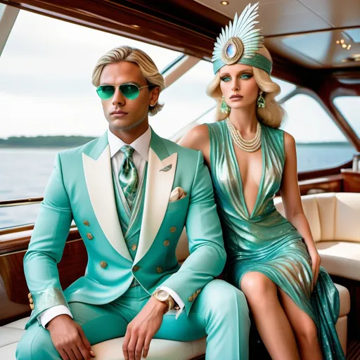 Prompt: 1920's glamorous Gatsby billionaire vibrant sea foam blue tarun tahiliani Armani yacht captain suit on an attractive muscular masculine swedish model with platinum blonde hair sitting in large luxury yacht featuring abalone shell features as a Sandro Botticelli full body couple portrait with 4 showgirls in elaborate abalone watercolor costume gown and abalone headdress with light vibrant green Swarovski crystal large star beams kaleidoscope abstract background