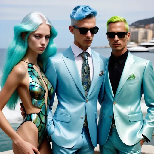 Prompt: a handsome male Catalan Greek swedish divine sacred male model with blue hair and blue abalone Armani silk suit and iris van herpen arch Angel Michael wings a Monaco Bulgarian swedish French gorgeous female model with aqua hair and lavish cartier with whimsical gorgeous extravagant aestheticism,  featuring blue abalone and Mother of pearl and chartreuse  turquoise black Prada Armani emilio pucci Valentino fitted Balinese Amazonian silk gown as a Sandro Botticelli portrait painting with large Balinese Polynesian Cartier white  abalone headdress with green opals