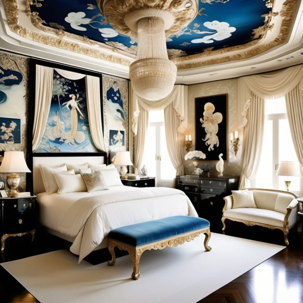 Prompt: Chanel Cartier Gatsby extravagant luxury 1990's 1920's   chinoiserie white abalone mother of pearl elaborate silk white platinum gold penthouse Bollywood Hindi Japanese Royal ornate two story bedroom featuring and blue velvet and black silk lace  and floral calligraphy art as a Sandro Botticelli painting in Georgia o Keefe transcendent psychedelic style with grande chandelier and Abalone ceiling