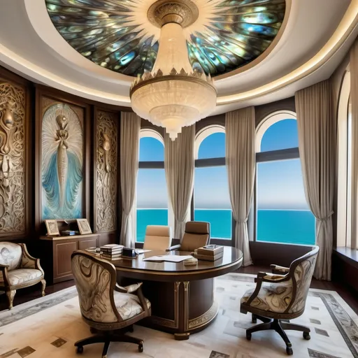 Prompt: Egyptian Dubai royal Mediterranean Balinese office covered in platinum abalone and abalone silk and as a Sandro Botticelli painting with elaborate abalone chandeliers and high ceilings and ocean views