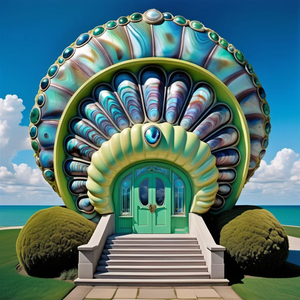 Prompt: a very large blue chartreuse shell house with a walkway leading to it and a sky background with clouds and blue sky above, David LaChapelle, art deco, psychedelic trippy fantastically gaudy, an art deco sculpture as a Sandro Botticelli painting featuring abalone and pearls and emeralds