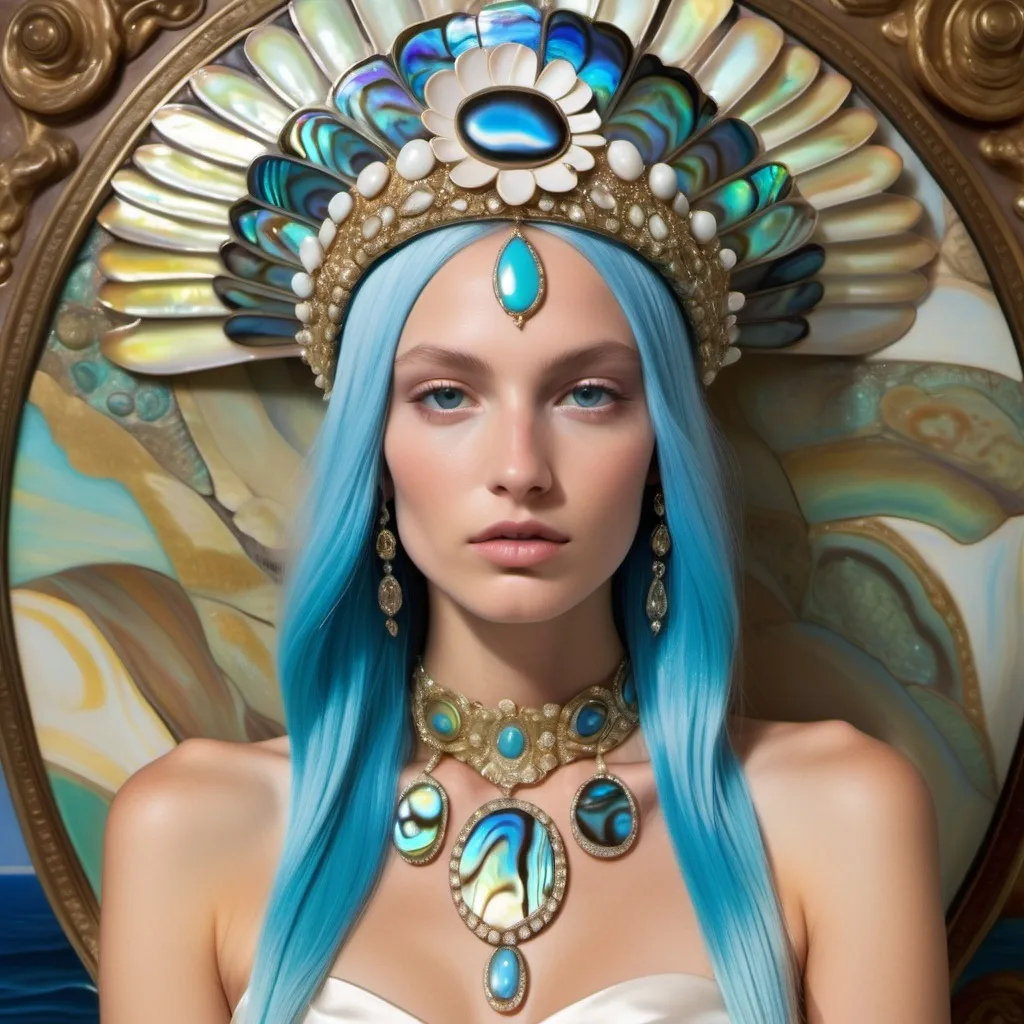 Prompt: Monaco Bulgarian swedish female model with blue hair and lavish cartier with whimsical gorgeous extravagant aestheticism,  featuring blue abalone and Mother of pearl and chartreuse  turquoise emilio pucci Valentino fitted silk gown as a Sandro Botticelli portrait painting with Polynesian Cartier white  abalone headdress with light opal