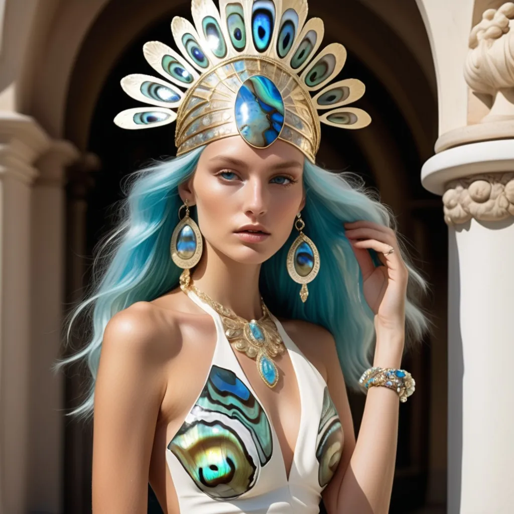 Prompt: Monaco Bulgarian swedish female model with blue hair and lavish cartier with whimsical gorgeous extravagant aestheticism,  featuring blue abalone and Mother of pearl and chartreuse  turquoise emilio pucci Valentino fitted halter top and long skirt as a Sandro Botticelli portrait painting with Polynesian Cartier white  abalone headdress with light opal