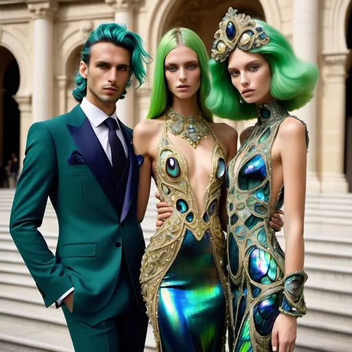 Prompt: a handsome male Catalan  swedish divine sacred male model with green hair and blue abalone Armani suit and a Monaco Bulgarian swedish French gorgeous female model with navy hair and lavish cartier with whimsical gorgeous extravagant  exotic aestheticism,  featuring gold abalone and Mother of pearl and chartreuse vibrant beaded zuhair Murad rami al ali fitted ornate Swarovski abalone gown as a Sandro Botticelli portrait painting with large Balinese Polynesian Cartier gold  headdress with green abalone