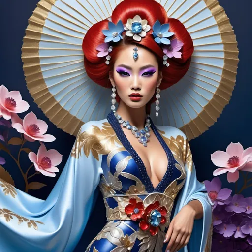 Prompt: Divine Angelic gorgeous feminine goddess Polynesian Hawaiian Balinese Thai Japanese geisha miss japan miss universe extravagant costume with vibrant red styled hair and purple eyes in zuhair Murad beaded fitted kimono gown in embellished pearly white blue gold navy indigo pastel blue luminous blue topaz platinum silver chrome white pearl opal diamond Swarovski crystal as a Sandro Botticelli full body painting with large Cartier royal floral jewels and mother of pearl and white abalone aquamarine emerald citronite chartreuse micro orchid headdress with pearls blue lotus