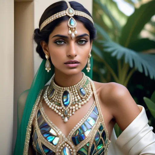 Prompt: Extravagant Indian tawaif luxury attire on female French Monaco feminine handsome model featuring Cartier and abalone blue silk jungle green gold platinum and opals 1920s 1990s Armani Swarovski pearl white accents