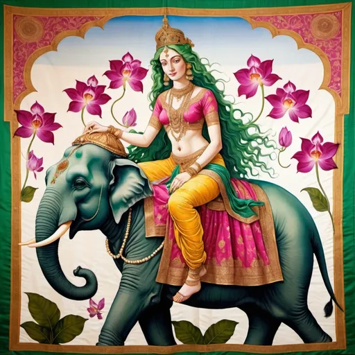 Prompt: Bright vibrant indian silks on a Jaipur India royal goddess riding an elephant with green hair and orchids and lotus flowers and gemstones as a Sandro Botticelli painting