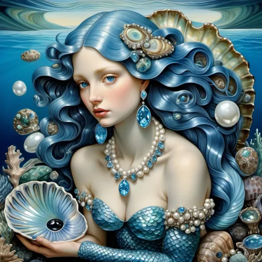 Prompt: Gorgeous blue mermaid in a giant blue clam with blue topaz gemstones and aquamarine gem stones and pearls and ABALONE as a Sandro Botticelli painting