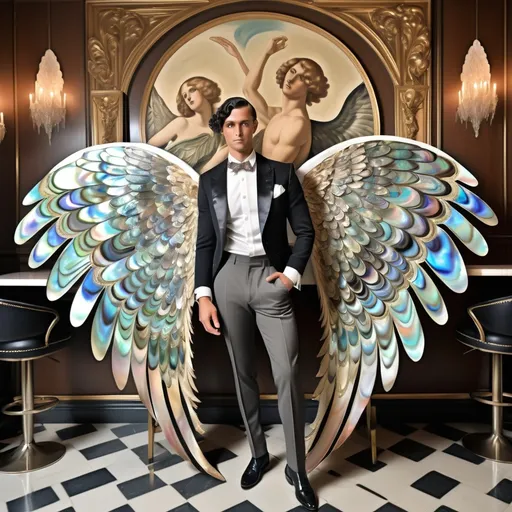 Prompt: Divine Magnificent whimsical French  abalone black and white watercolor outfit on muscular attractive tan tall male model and with six long abalone angel wings in center of back as a Sandro Botticelli painting 1920's extravagant bar lounge