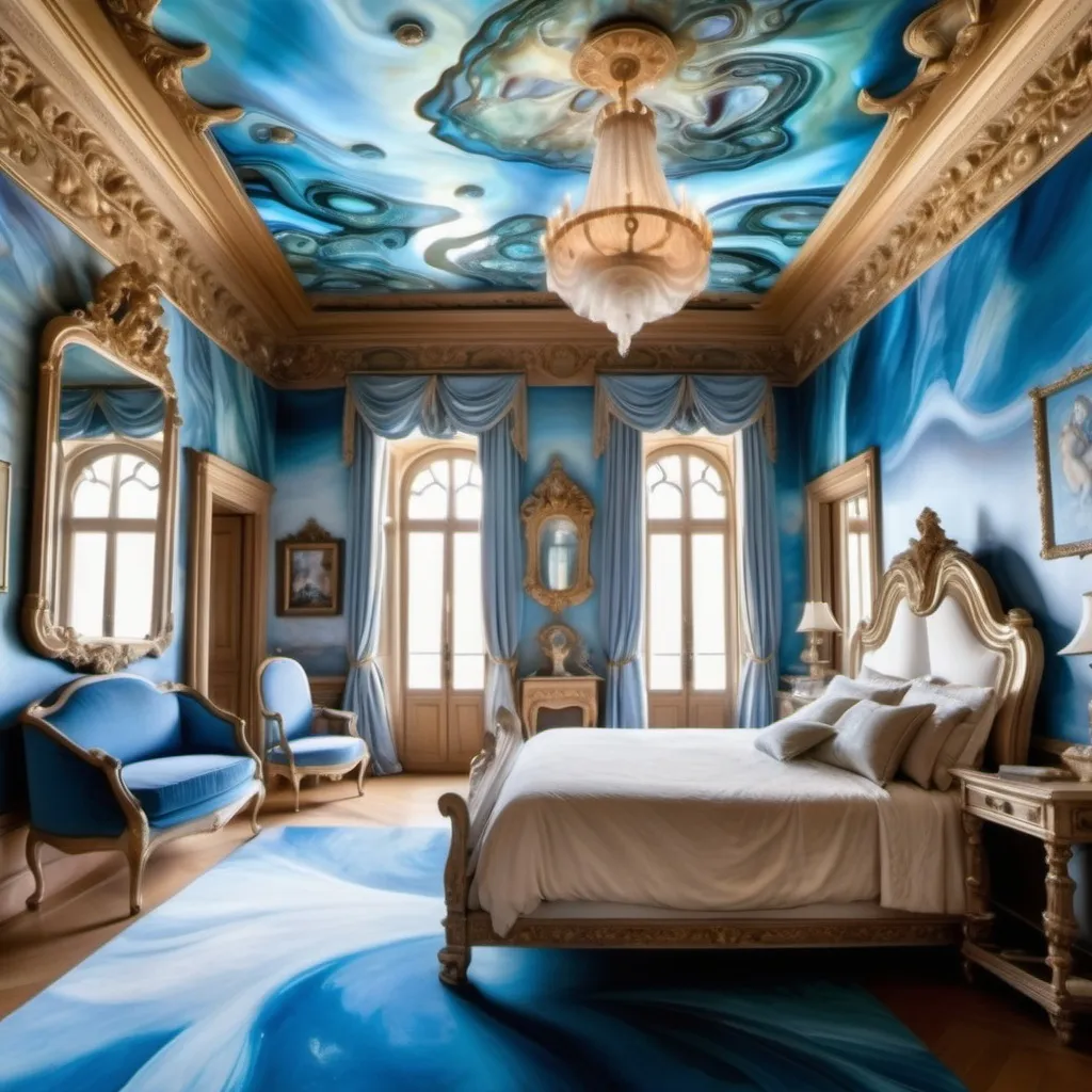 Prompt: Blue abalone and mother of pearl whimsical Renaissance enchanted master bedroom in extravagant mansion as a Sandro Botticelli painting with dreamy blue hues