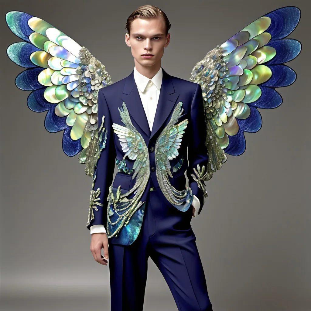 Prompt: Chanel Armani Gatsby extravagant luxury 1990's 1920's 1940's fashion in Navy indigo lime green aqua violet black abalone on swedish Monaco slender tall gorgeous male in elaborate beaded 1920's Chanel japanese fitted kimono iris van herpen silk embroidered pant suit with chartreuse ABALONE ANGEL WINGS and with lady liberty abalone goddess headdress with raffia palm and with chartreuse hair as a Sandro Botticelli painting portrait