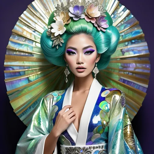 Prompt: Divine Angelic gorgeous feminine goddess Polynesian Hawaiian Balinese Thai Japanese geisha miss japan miss universe extravagant costume with vibrant pastel green bold styled hair and purple eyes in zuhair Murad beaded fitted kimono gown in embellished pearly white blue gold navy indigo Abalone pastel blue luminous blue topaz platinum silver chrome white pearl opal diamond Swarovski crystal as a Sandro Botticelli full body painting with large Cartier green large royal floral jewels and mother of pearl and green psychedelic abalone emerald chartreuse headdress