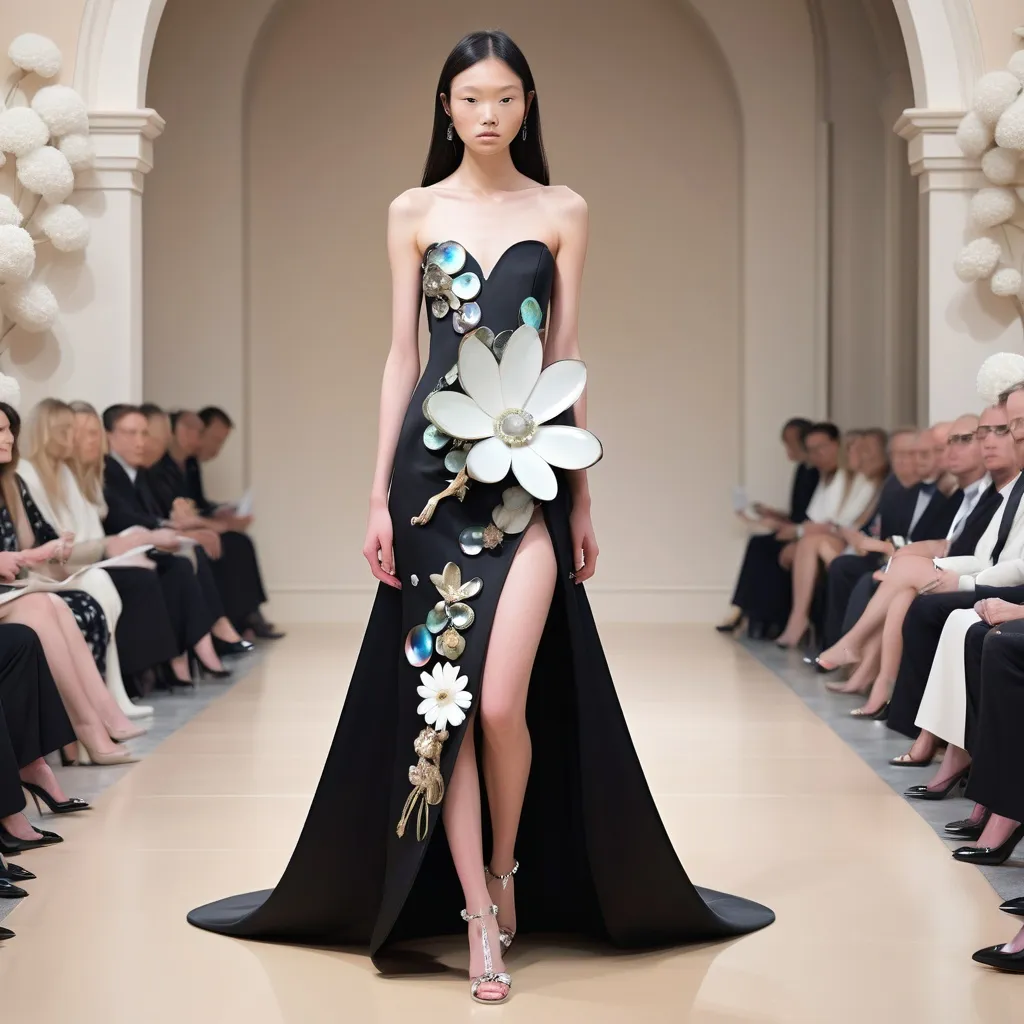 Prompt: Monaco female model with a white flower, whimsical gorgeous Chen Lu, aestheticism, flowers, portrait featuring abalone and Mother of pearl and black Valentino fitted gown full length body photo on runway with floral heels