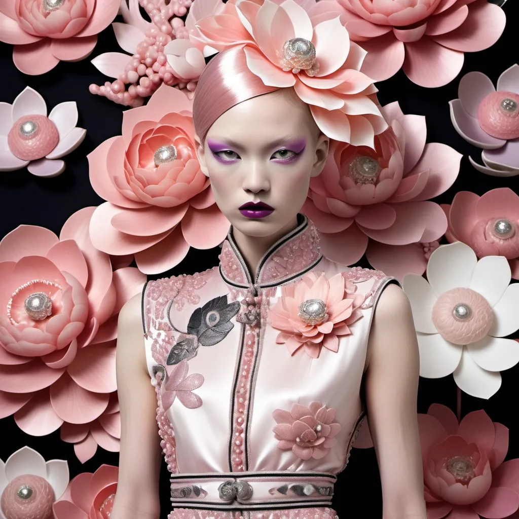 Prompt: Chanel Cartier Armani Gatsby extravagant luxury 1990's 1920's 1940's pink lotus pink peony pink camellia pink dragon chinoiserie white abalone mother of pearl elaborate beaded 1920's Chanel japanese iris van herpen silk black silk white platinum grey gold penthouse geisha featuring peach violet lavender and coral hair as a Sandro Botticelli Portrait painting in Georgia o Keefe transcendent psychedelic style