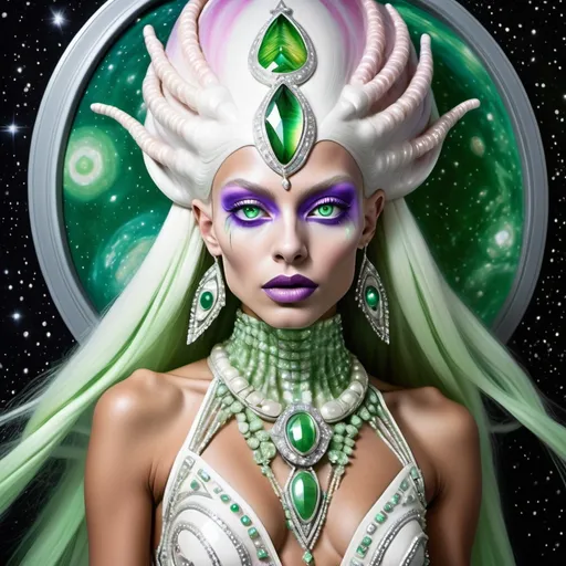 Prompt: Alien dreamy cosmic genie Indian  extraterrestrial platinum blonde hair and green alien skin with pink eyes in zuhair Murad beaded fitted embellished pearly white luminous platinum silver chrome violet white pearl opal diamond Swarovski crystal costume gown as a Sandro Botticelli full body cosmic planetary Star Trek Green alien goddess dancer painting with large Cartier royal jewels and mother of pearl milky way green themed