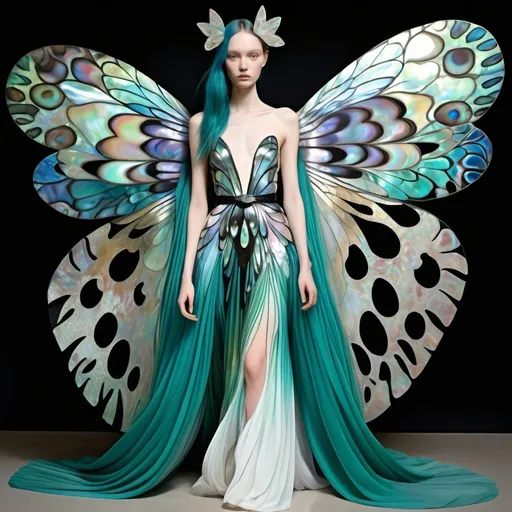 Prompt: Magnificent whimsical French  abalone black and white watercolor iris van herpen jeweled vera wang Emilio pucci tinkerbell fairy inspired kimono gown on a vibrant long teal hair swedish French birtish slender petite attractive model and with two iridescent abalone fairy wings in center of back as a Sandro Botticelli painting