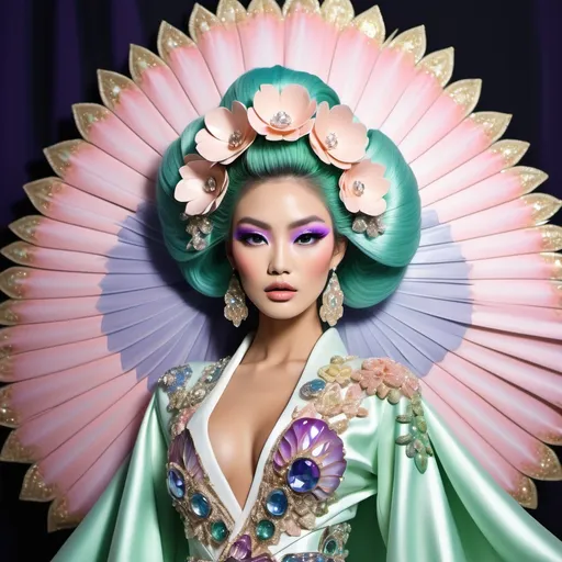 Prompt: Divine Angelic gorgeous feminine goddess Polynesian Hawaiian Balinese Thai Japanese geisha miss japan miss universe extravagant costume with vibrant pastel green bold styled hair and purple eyes in zuhair Murad beaded fitted kimono gown in embellished pearly white pink peach lavender blue gold navy indigo Abalone pastel blue luminous blue topaz platinum silver chrome white pearl opal diamond Swarovski crystal as a Sandro Botticelli full body painting with large Cartier green large royal floral jewels and mother of pearl and green psychedelic abalone emerald chartreuse headdress