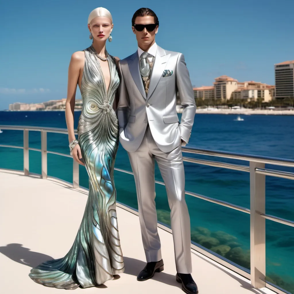 Prompt: Monaco palm beach Egyptian swedish masculine suit outfit on 1929's Armani Chanel Hollywood ornate luxury Egyptian Catalan male model with female model in chanel silver Swarovski crystal zuhair Murad abalone fitted mermaid outfit in Monaco Palm Beach yacht club with crystals and starfish as an oceanic Beach side Sandro Botticelli painting with luminous pearl abalone metallic silver grey platinum watercolor silk hues with chunky pearl headdress