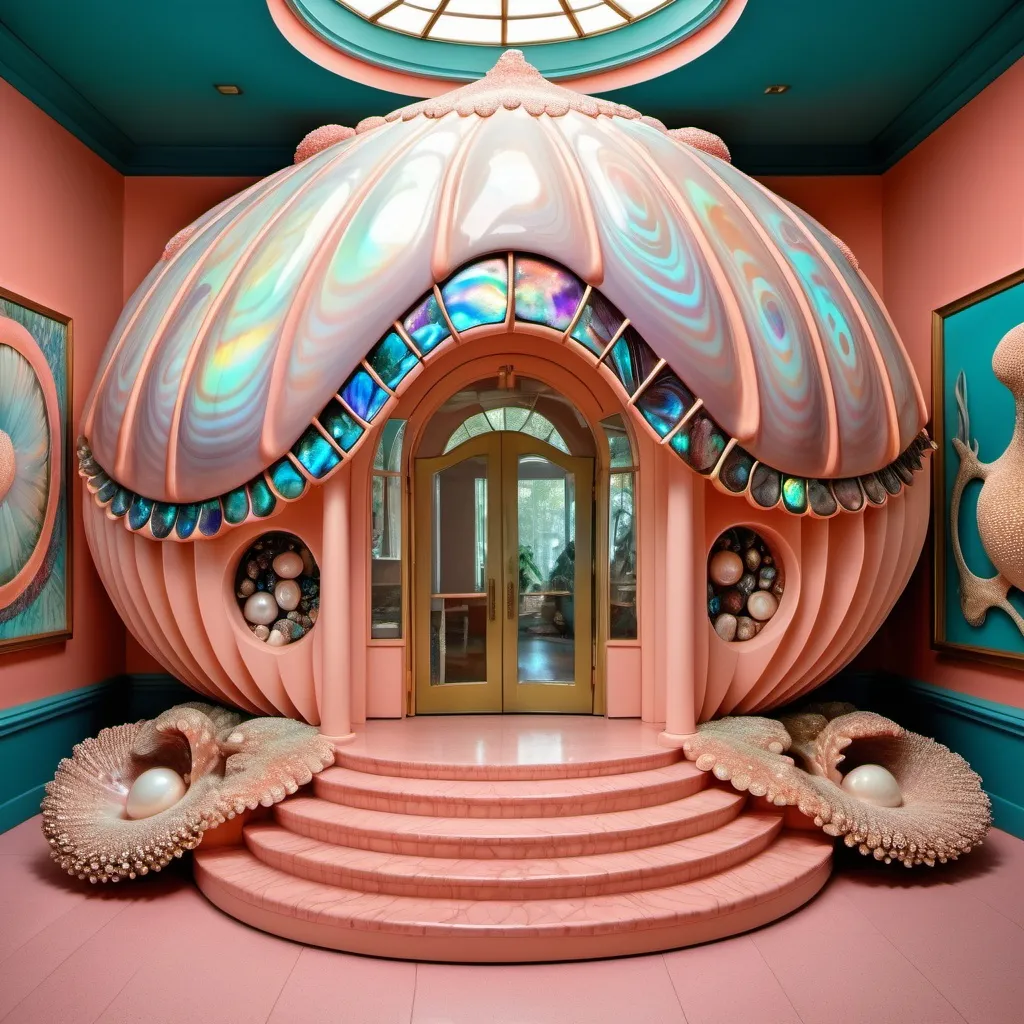 Prompt: a very large peach scallop shell house with a walkway leading to it , David LaChapelle, art deco, exotic psychedelic trippy fantastically gaudy, an art deco sculpture as a Sandro Botticelli painting featuring abalone and pearls and opals and coral