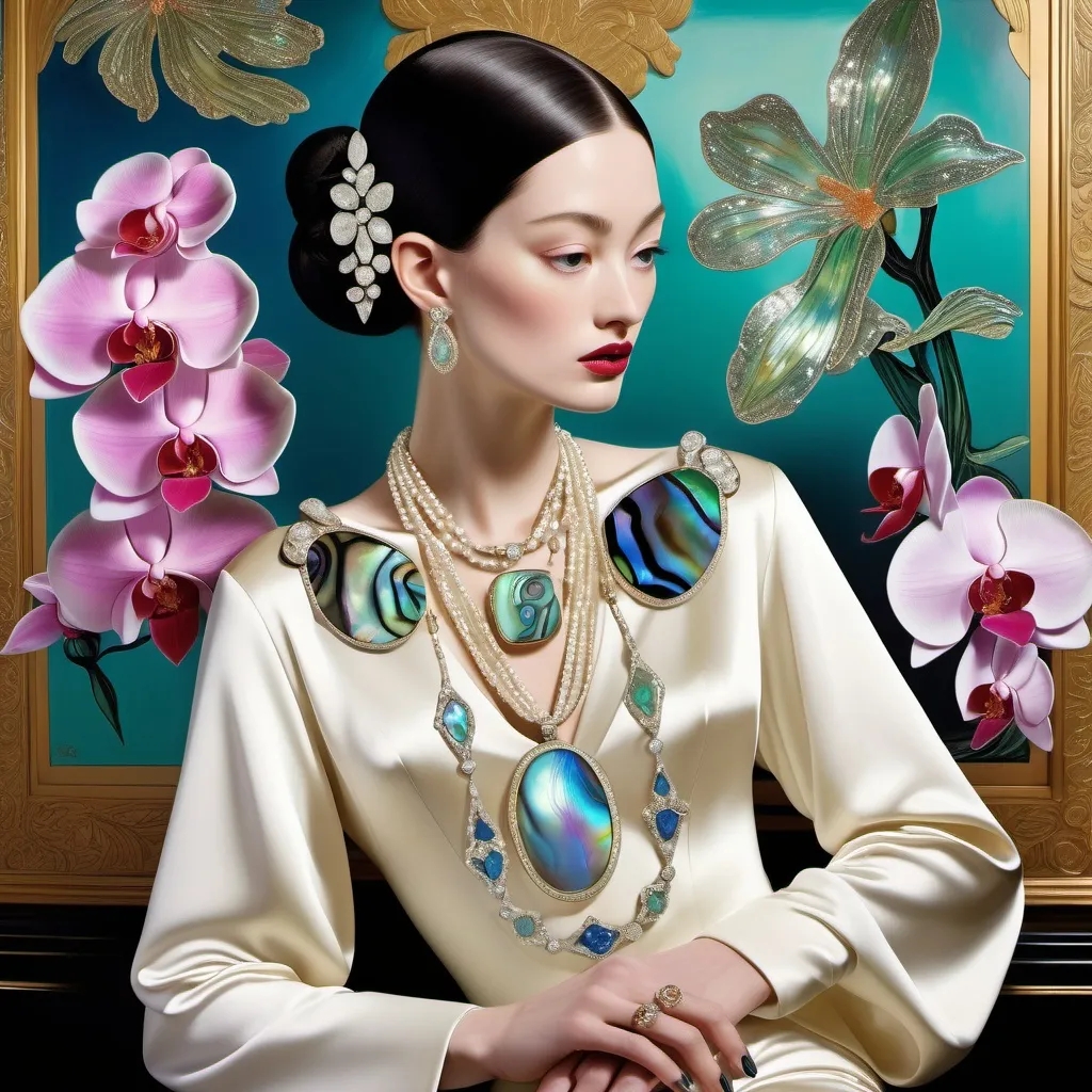 Prompt: Cartier Gatsby extravagant luxury 1990's 1920's  chinoiserie white shiny luminous abalone mother of pearl elaborate silk white platinum gold penthouse model in bar room with micro orchids with yellow coral green abalone and featuring pink violet jade chartreuse pearl diamond blue black and floral calligraphy art as a Sandro Botticelli painting in transcendent psychedelic style