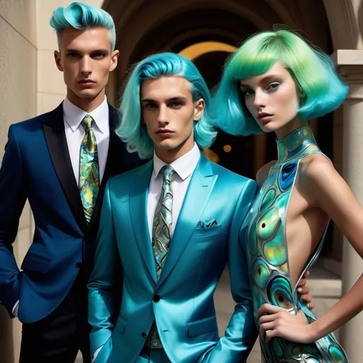 Prompt: a handsome male Catalan polish swedish male model with blue hair and blue abalone Armani silk suit and a Monaco Bulgarian swedish French gorgeous female model with aqua hair and lavish cartier with whimsical gorgeous extravagant aestheticism,  featuring blue abalone and Mother of pearl and chartreuse  turquoise black Prada Armani emilio pucci Valentino fitted silk gown as a Sandro Botticelli portrait painting with Polynesian Cartier white  abalone headdress with green opals