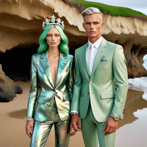 Prompt: Luxury Chanel palm beach Hollywood green Abalone green opal  fitted sleek Armani military camo suits made of Abalone silk  platinum white and luminous abalone pearl hues and  mother of pearl stones and SWAROVSKI CRYSTAL crown flirtatious sultry as a Sandro Botticelli full body couple portrait abalone green opal  with handsome masculine swedish Australian South Africa tan male model with Green hair