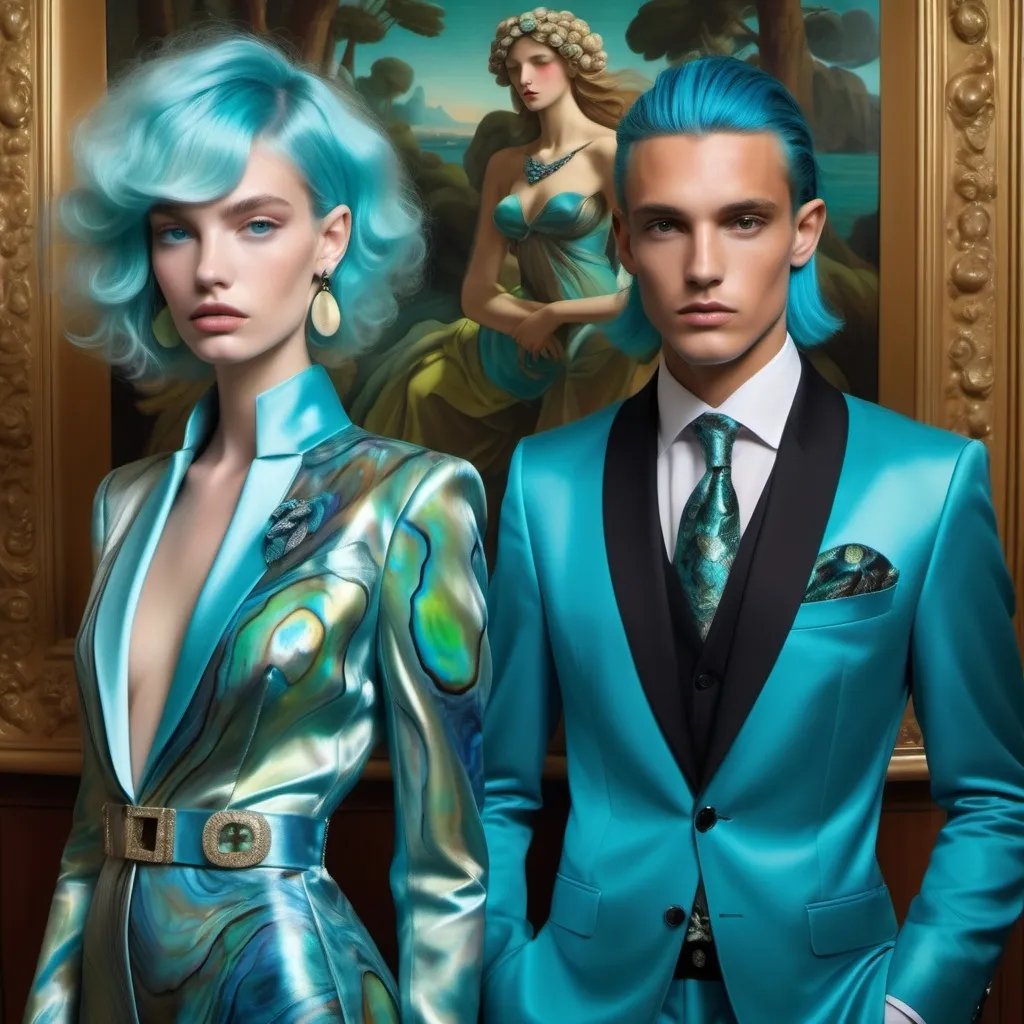 Prompt: a handsome male Catalan polish swedish male model with blue hair and blue abalone Armani silk suit and a Monaco Bulgarian swedish French gorgeous female model with aqua hair and lavish cartier with whimsical gorgeous extravagant aestheticism,  featuring blue abalone and Mother of pearl and chartreuse  turquoise black Prada Armani emilio pucci Valentino fitted silk gown as a Sandro Botticelli portrait painting with Polynesian Cartier white  abalone headdress with green opals