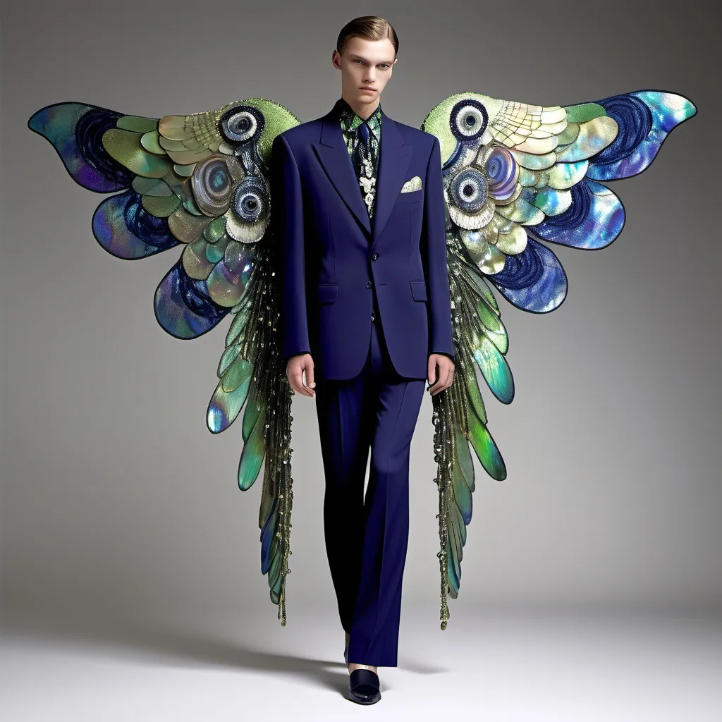 Prompt: Chanel Armani Gatsby extravagant luxury 1990's 1920's 1940's fashion in Navy indigo lime green aqua violet black abalone on swedish Monaco slender tall gorgeous male in elaborate beaded 1920's Chanel japanese fitted kimono iris van herpen silk embroidered pant suit with chartreuse ABALONE ANGEL WINGS and with lady liberty abalone goddess headdress with raffia palm and with chartreuse hair as a Sandro Botticelli painting portrait