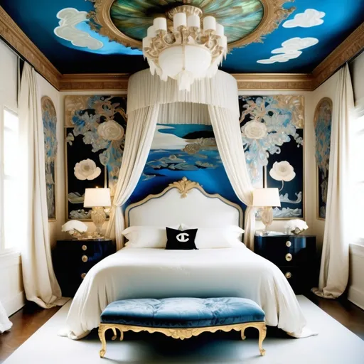 Prompt: Chanel Cartier Gatsby extravagant luxury 1990's 1920's   chinoiserie white abalone mother of pearl elaborate silk white platinum gold penthouse bedroom with featuring and blue velvet and black silk lace  and floral calligraphy art as a Sandro Botticelli painting in Georgia o Keefe transcendent psychedelic style with grande chandelier and Abalone ceiling