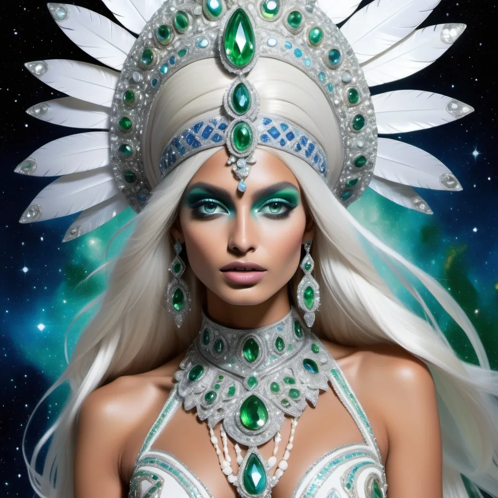 Prompt: White dreamy cosmic genie Indian water extraterrestrial goddess Monaco swedish indian casino showgirl miss India miss universe extravagant with green blueskin and platinum blonde hair and blue eyes in zuhair Murad beaded fitted embellished pearly white luminous platinum silver chrome white pearl opal diamond Swarovski crystal costume gown as a Sandro Botticelli full body cosmic planetary painting with large Cartier royal jewels and mother of pearl