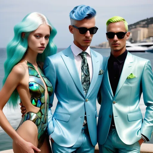 Prompt: a handsome male Catalan Greek swedish divine sacred male model with blue hair and blue abalone Armani silk suit and iris van herpen arch Angel Michael wings a Monaco Bulgarian swedish French gorgeous female model with aqua hair and lavish cartier with whimsical gorgeous extravagant aestheticism,  featuring blue abalone and Mother of pearl and chartreuse  turquoise black Prada Armani emilio pucci Valentino fitted Balinese Amazonian silk gown as a Sandro Botticelli portrait painting with large Balinese Polynesian Cartier white  abalone headdress with green opals