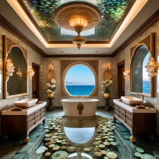 Prompt: An extravagant Turkish Mediterranean Portuguese Balinese Indian luxury mansion spa room that has pearls showering from the ceiling into a fountain and abalone covered walls and mother of pearl floors and micro orchids as a Sandro Botticelli painting with ocean views