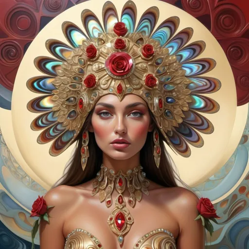 Prompt: Gorgeous tan Bulgarian goddess with an ornate regal jeweled gold red abalone headdress ,  futurism, highly detailed digital painting, a photorealistic painting with Bulgaria Swarovski roses on a Valentino French silk gown in red abalone