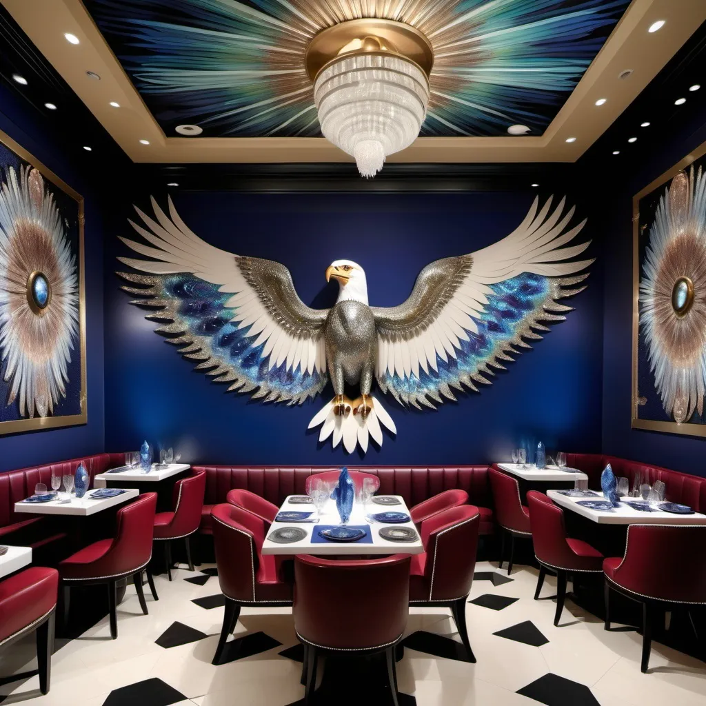 Prompt: 1920's Indian psychedelic Elaborate jewel beaded abalone eagle feathers murals Swarovski black and white and blue and indigo Monaco Indian Dubai Egyptian fine dining casino bar with high ceilings and elegant pearl abalone decor and tall micro orchids as a Sandro Botticelli painting interior design with red star beams Swarovski accents