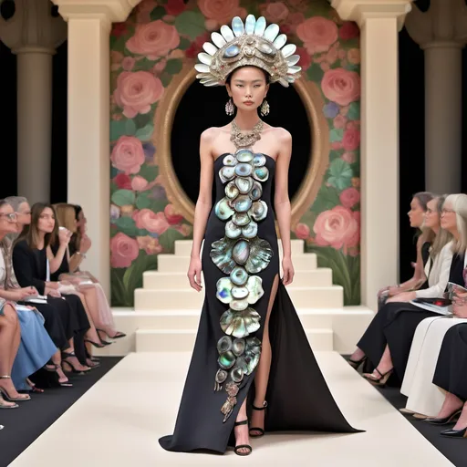 Prompt: Monaco female model with cartier rose, whimsical gorgeous Chen Lu, aestheticism,  featuring abalone and Mother of pearl and black Valentino fitted gown full length body photo on runway with floral heels Large Balinese abalone headdress